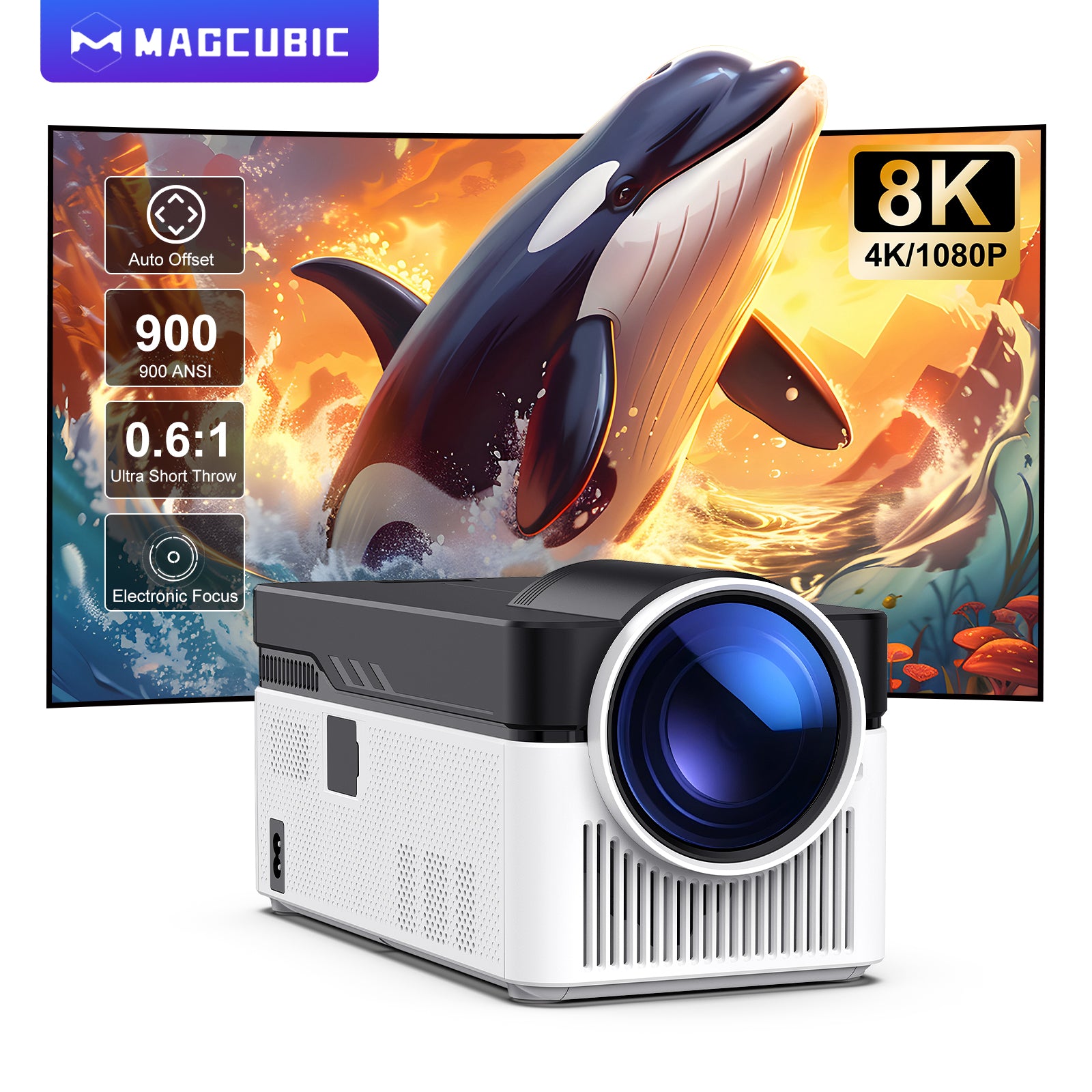 Magcubic HY450 Ultra Short Throw Projector | 900 ANSI, Android 11,Native 1080P, 8K Input Support | WiFi 6, Bluetooth 5.4, Electric Focus, Dual Speakers