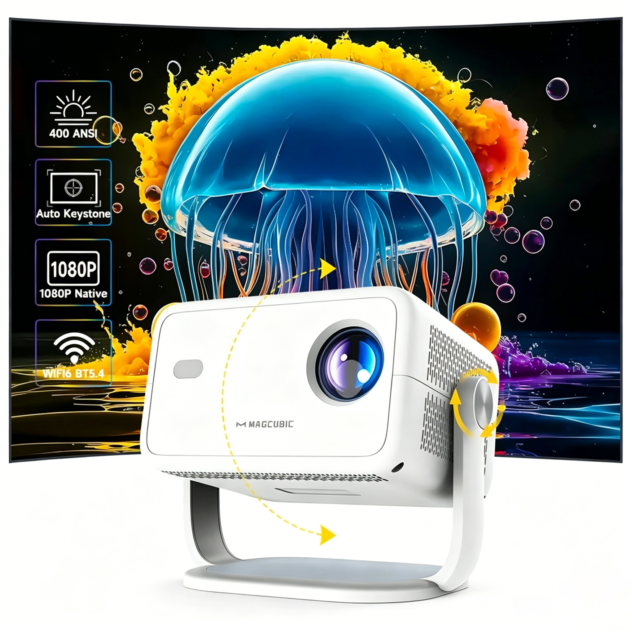 Magcubic L018 Portable Projector | 400 ANSI, 1080P Native, Android14,4K Support. 180° Rotation, Auto keystone/focus, WiFi 6, BT 5.4 for Home/Travel