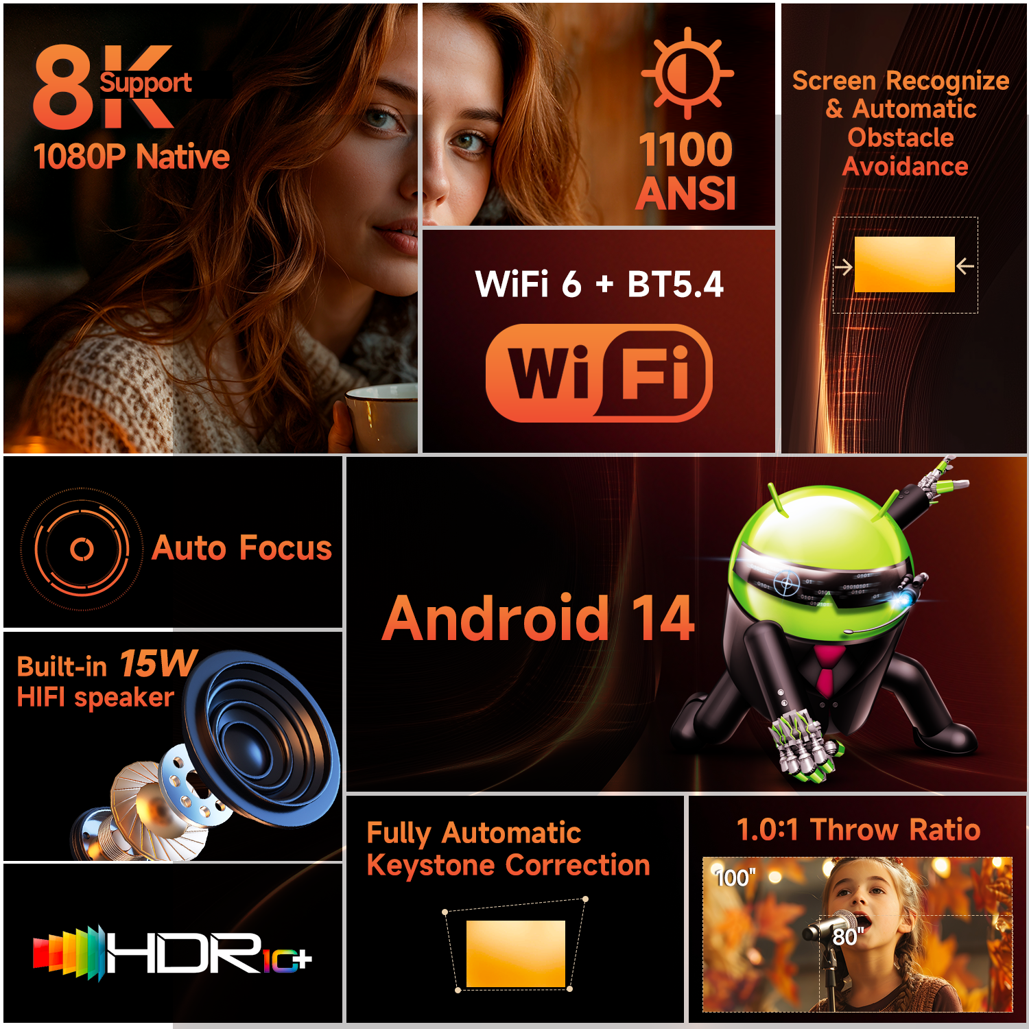 Magcubic HY450MAX Android 14 1100 Ansi Lumens LED Projector Native 1080P Wifi6 Beam 8K Portable Projectors Movie Auto Focus