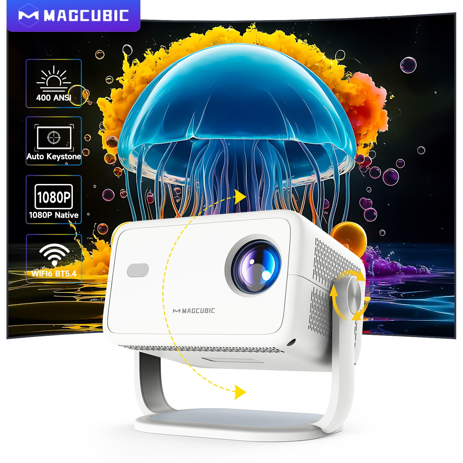 Magcubic L018 Portable Projector | 400 ANSI, 1080P Native, Android14,4K Support. 180° Rotation, Auto keystone/focus, WiFi 6, BT 5.2 for Home/Travel