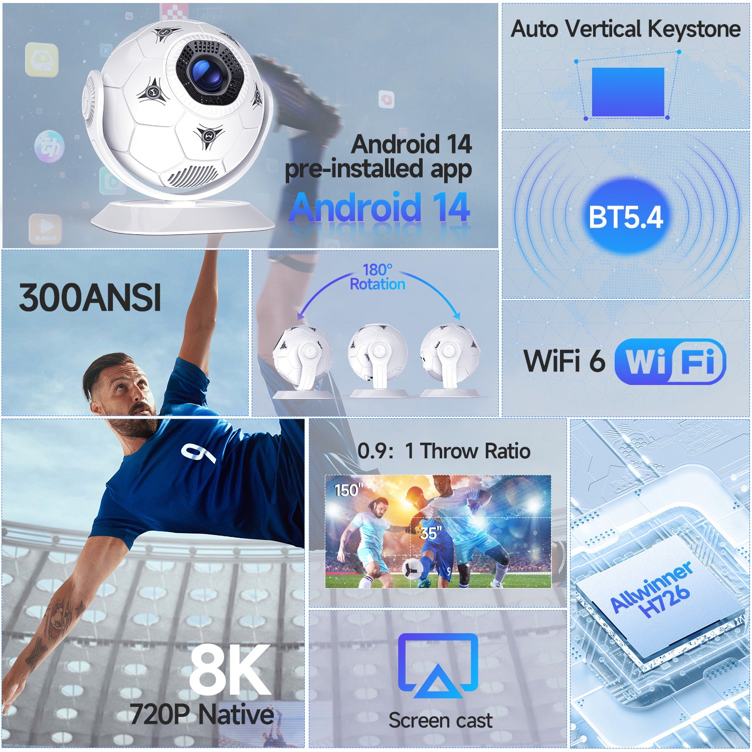 Magcubic HY300F Android 14 8K 300 Ansi MINI Projector LED Wifi6 BT5.4 Projectors Creative Football Styling Movie Home Theater