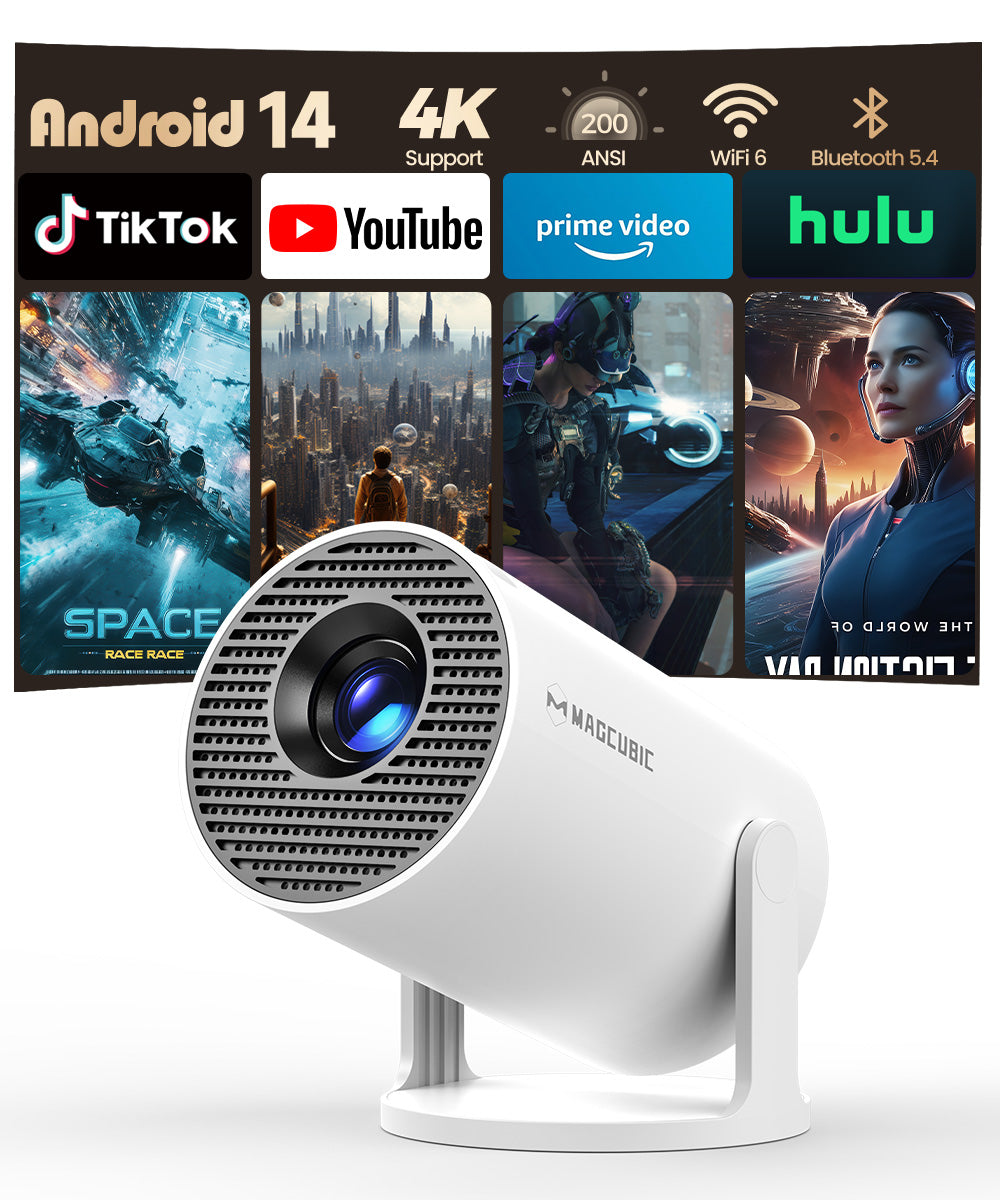 Magcubic HY300Pro Smart Mini Projector — Native 720P Portable Home Theater Projector with Android 14, WiFi 6, 200 ANSI Lumens and 8K Video Support for Bedroom, Outdoor Movies & Travel