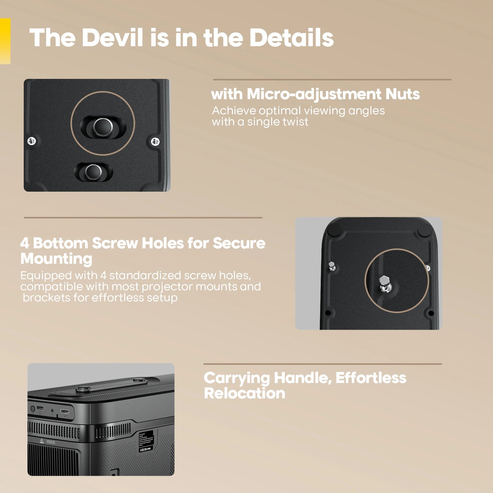 The Magcubic HY450C projector with micro-adjustment nuts