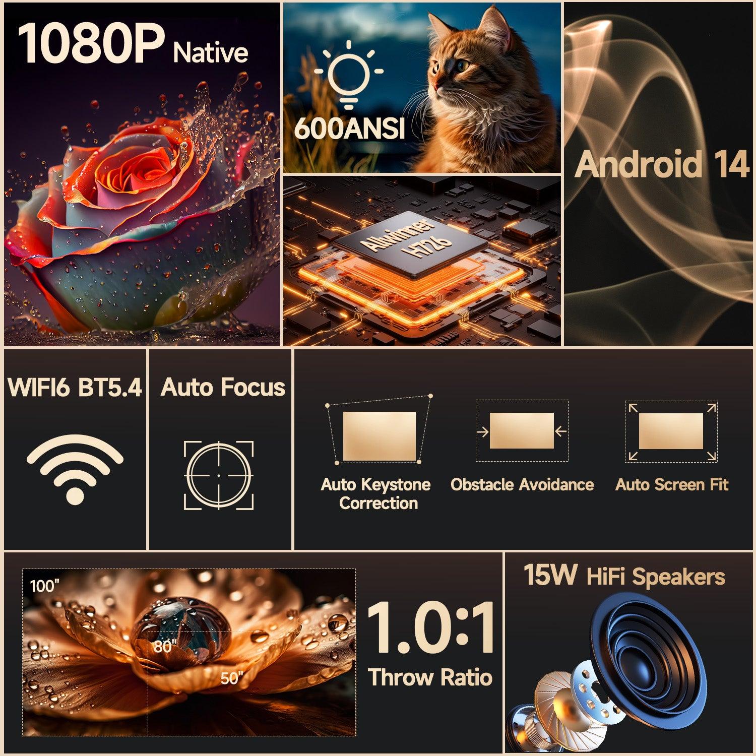 Magcubic HY350MAX 600 ANSI Portable Projector | Android 14 Native 1080P with 8K Input, Auto Keystone & Focus, Outdoor Friendly