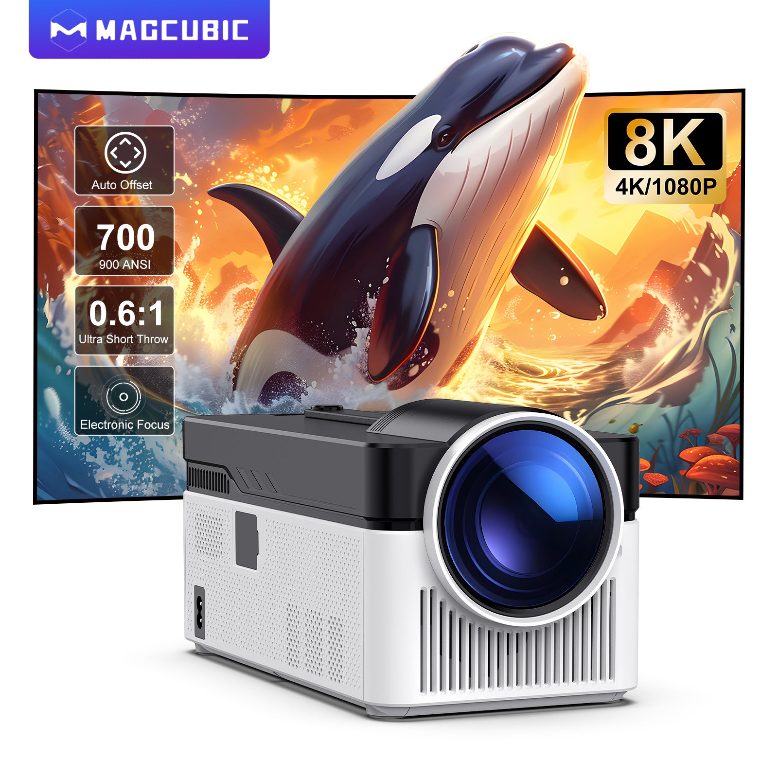 Magcubic HY450 projector with 700 ANSL, 4K support, 1080P, 0.6:1, electronic Focus