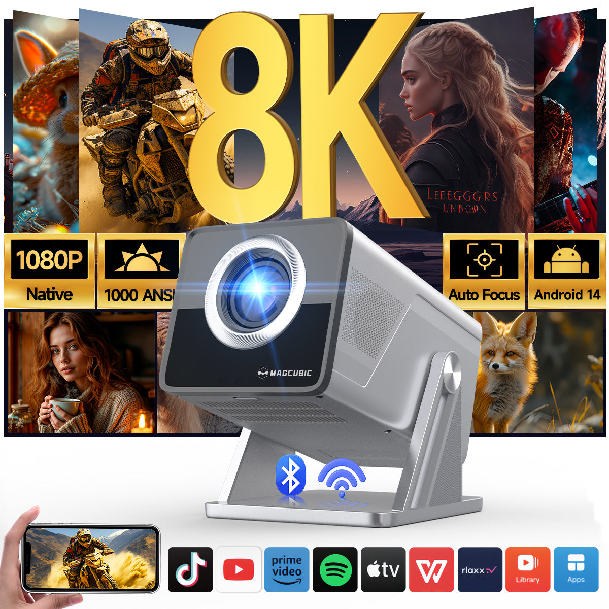 Magcubic X7 Smart Home Theater Projector — Native 1080P Projector with Android 14, 1000 ANSI Lumens, WiFi 6, Bluetooth 5.4, Built-in 5W Speaker and 8K Video Support