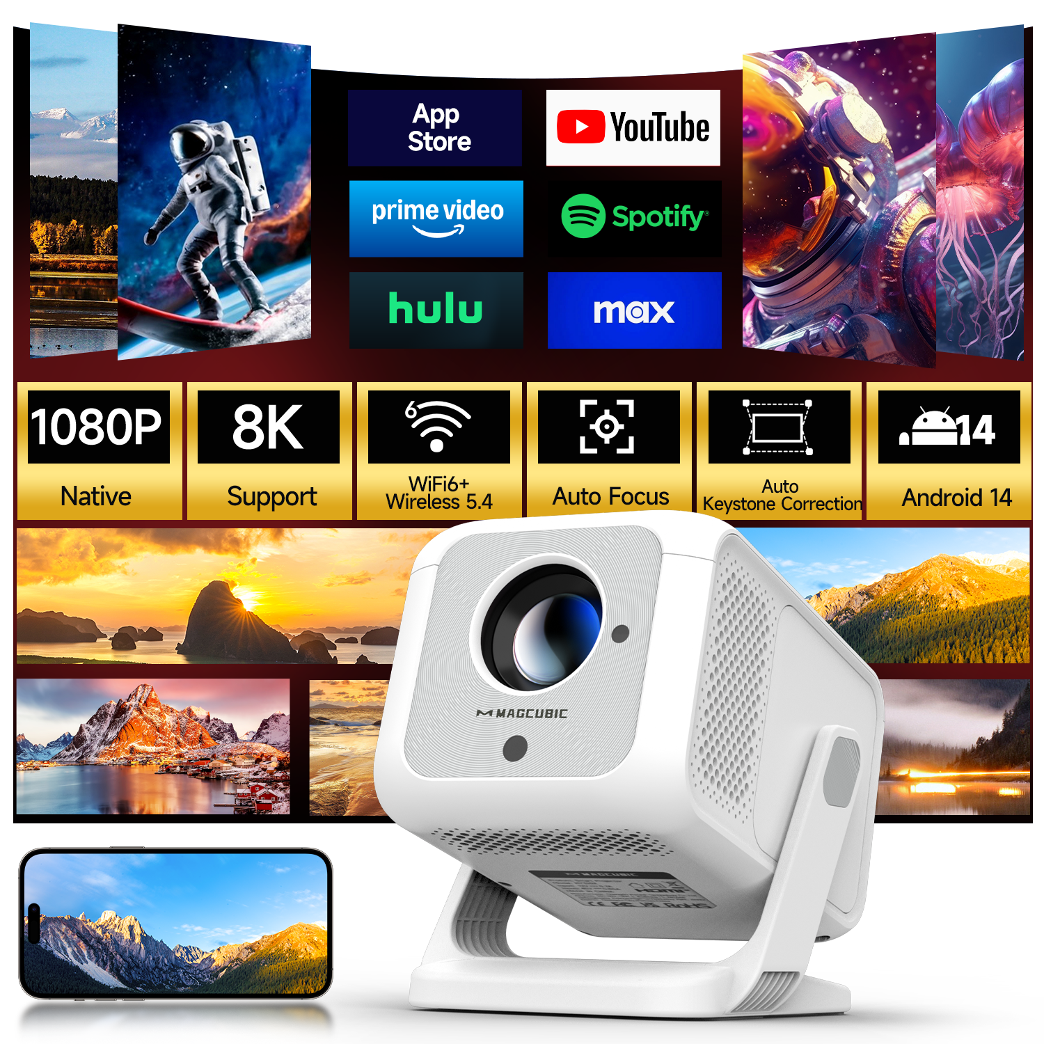 Magcubic HY310X Smart Portable Projector — Native 1080P Home Theater Projector with Android 14, Auto Focus, Auto Keystone, 420 ANSI Lumens and 8K Video Support for Indoor & Outdoor Entertainment