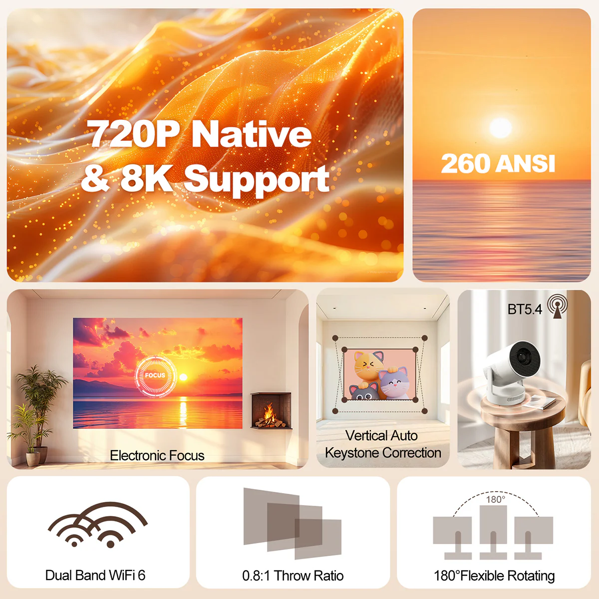 Magcubic 8K HY300 UItra Portable Projector with Electronic Focus 720P 260ANSI Speaker Android 11 BT5.4 180° flexible Home Outdoor