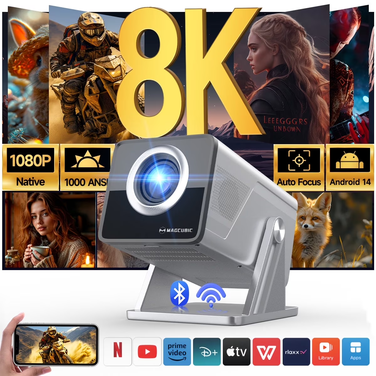 Magcubic 8K Support HD 1080P 1000ANSI X7 Projector With Android 14 5W Speaker  WiFi6 BT5.4 Outdoor Video Home Theater Projector