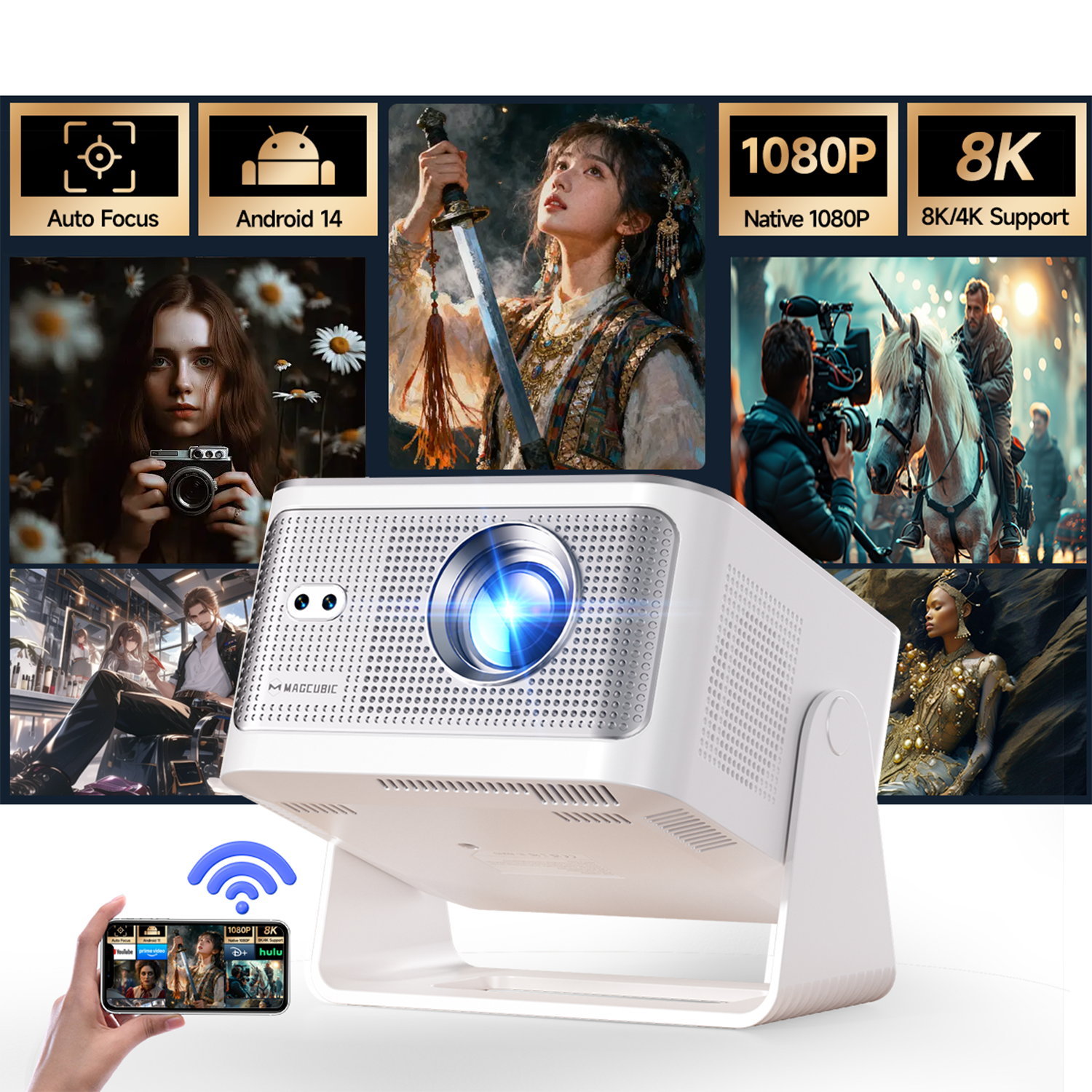 Magcubic HY350 Max Smart Portable Projector — Native 1080P Home Theater Projector with Android 14, 600 ANSI Lumens, Auto Focus, Auto Keystone Correction and 8K Video Support for Indoor & Outdoor Entertainment
